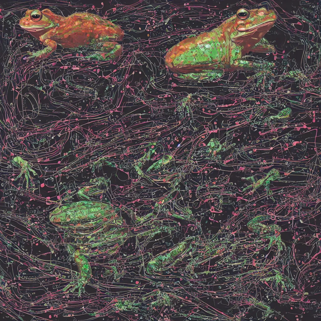 Image similar to toads, big toad, mechanical, technical, abstract, acrylic, oil, circuit board, computers, vektroid album cover, vectors, drips, dimensions, tears, leaks, glitches, frogs, amphibians, geometry, data, datamosh, motherboard, minimal, code, cybernetic, painting, dark, eerie, cyber