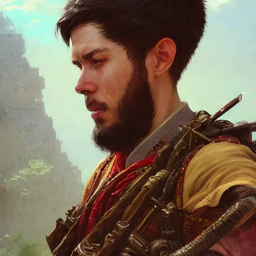 Image similar to Hyper realistic detailed portrait of Kurdish samurai, Stephen Bliss, unreal engine, fantasy art by Greg Rutkowski, Loish, Rhads, ferdinand knab, Makoto Shinkai and Lois van baarle, ilya kuvshinov, rossdraws, Tom Bagshaw, alphonse mucha, global illumination, radiant light, detailed and intricate environment, highly detailed, award winning art