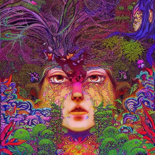 Image similar to A beautiful composition of a psychedelic glowing spirit animal psychonaut floating above a hedge maze, DMT, rich details full of texture, realistic eyes, artwork by Satoshi Kon and Yoshitaka Amano and Moebius