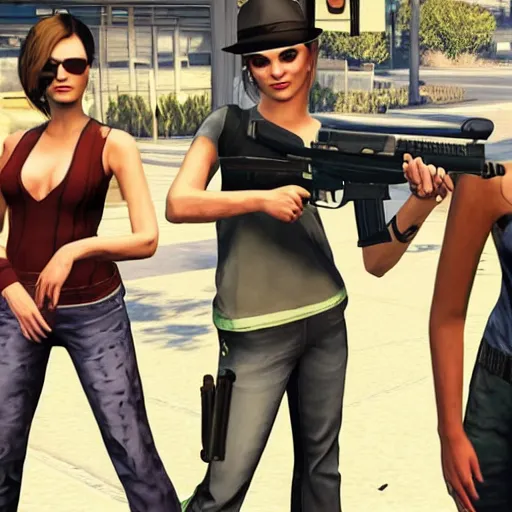 Image similar to gta 5, gta V style, gorgeous, girl with a gun