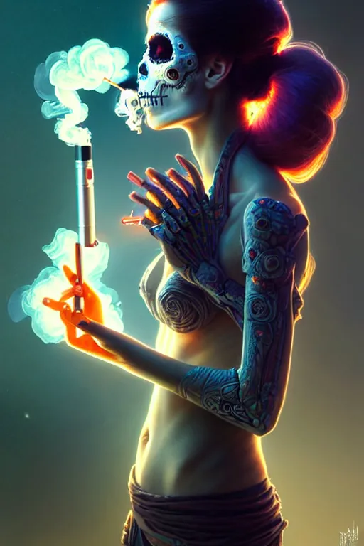 Prompt: ultra detailed, beautiful female android smoking a cigarette, scifi, fantasy, ( dia de los muertos ), triadic color scheme, intricate detailed, global illumination, concept art. smoke, calm, noir. art by godmachine and michael welan and rossdraws and artgerm and greg rutkowski and loish and wlop. 8 k, hdr