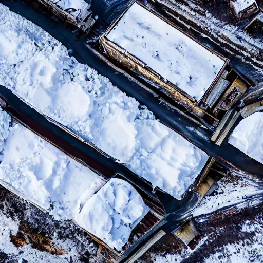 Prompt: abandoned mine and crates full of supplies buried in snow::2 snowy region on coast of ever snow, aerial drone perspective, top down view ::1 sattelite image of snow from 250 meters height, some coal boxes and barrels are covered in snow, old mine remains :: 1 post apocalyptic, snowstorm ::5