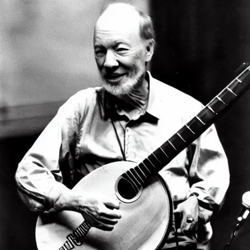 Prompt: pete seeger alone on stage playing the banjo