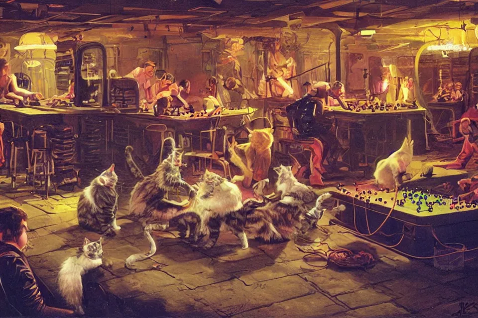 Image similar to people playing dice with cats in a neon basement, by john kricfalusi and syd mead