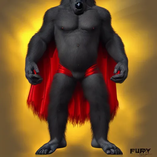 Image similar to fury art, an anthro ape wearing a large cape, exploding background, 3 d, 8 k, extremely detailed, furaffinity, artstation, award winning, sharp focus, illustration