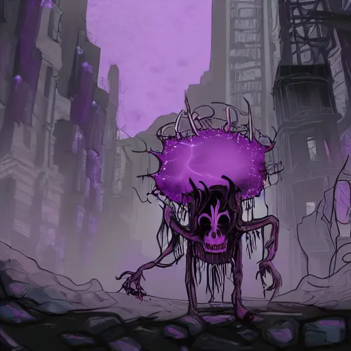 Prompt: purple corruption taint eldritch sickness magic infects post - apocalyptic city