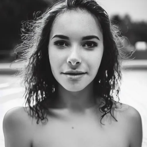 Image similar to close up portrait of beautiful woman half emerged in a swimming pool glaring in the camera, f1.8 50mm