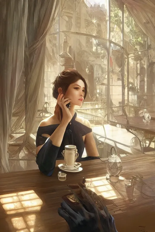 Image similar to an attractive serene cute android in a cafe, partially human , partially biomedical design , natural atmosphere, great high details, highly reaslitic, cinematic lighting, intricate, elegant, super highly detailed, art station, concept arD, beautiful, delicate, art by artgerm and greg rutkowski and alphonse mucha and loish and WLOP