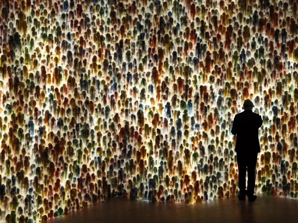 Prompt: a color photograph of inside an art gallery filled with wax. a man whose head is reduced to the size of a duck. the man is probably a spy