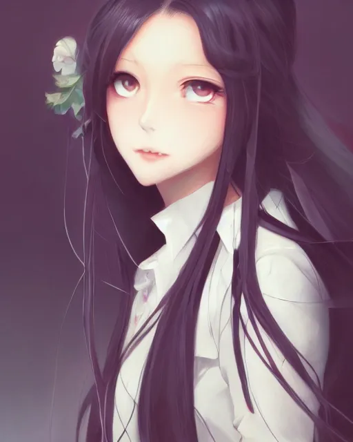 Image similar to An anime portrait of a beautiful girl with long black hair wearing a white blouse, by Stanley Artgerm Lau, WLOP, Rossdraws, James Jean, Andrei Riabovitchev, Marc Simonetti, and Sakimichan, tranding on artstation