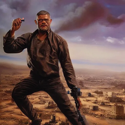 Prompt: a beautiful matte painting of laurence fishburne in an action movie, by steve argyle and mark arian