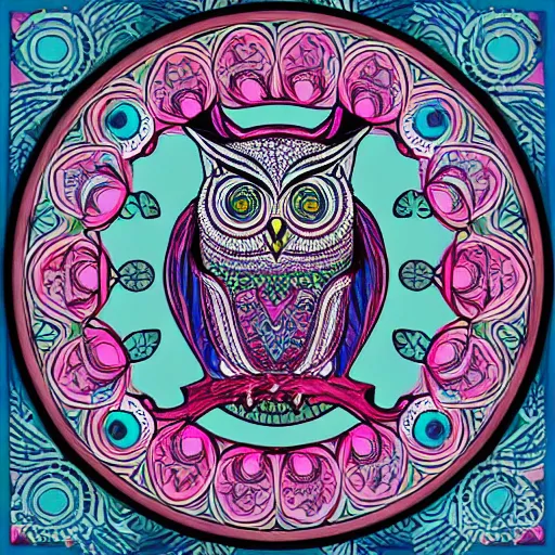 Prompt: owl, mandala, pink, blue, beautiful, by Alphons Mucha