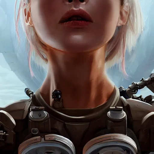 Image similar to tank girl, highly detailed, half human, half cyborg, power implants, full body transmogrify, low camera angle, point of view looking up from below, beautiful, mesmerising, look of desire, loving stare, battle action shot, digital painting, trending on artstation, concept art, 4 k, sharp focus, illustration, art by greg rutkowski