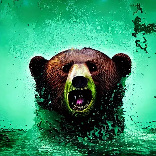 Image similar to zombie bear swimming in a toxic green pool of liquid, photo image by national geographic + realistic horror