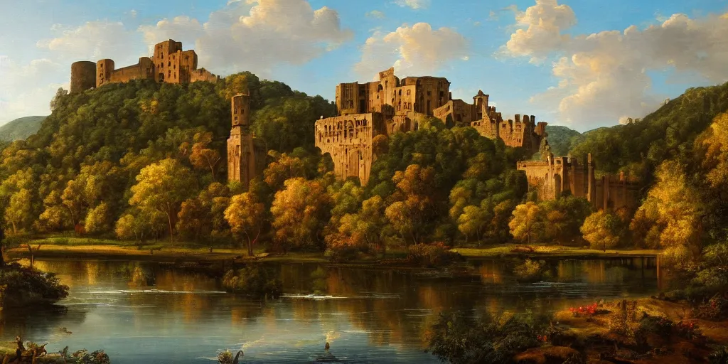 Prompt: a beautiful classical landscape painting of heidelberg castle, river, forest, hills, oil on canvas, highly detailed, 4 k, hd