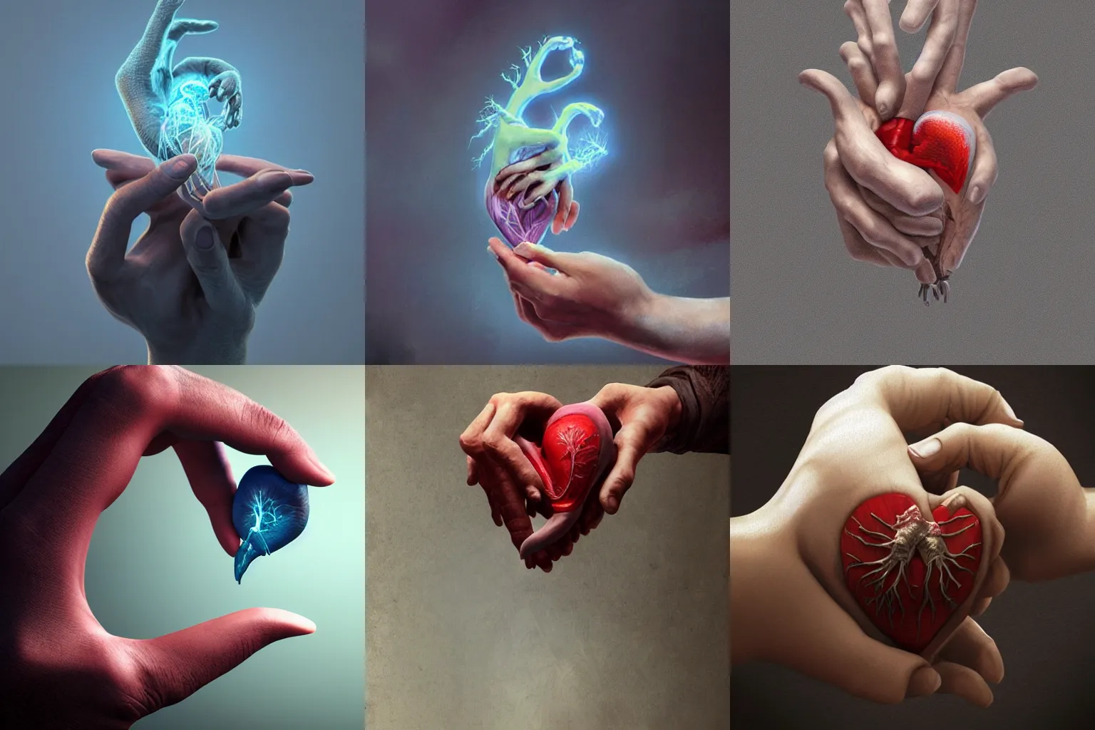 Prompt: a digital painting of a wizard holding in his hands an anatomical realistic human heart, by netter, style from greg rutkowski, rendered in octane, 3d, artstation