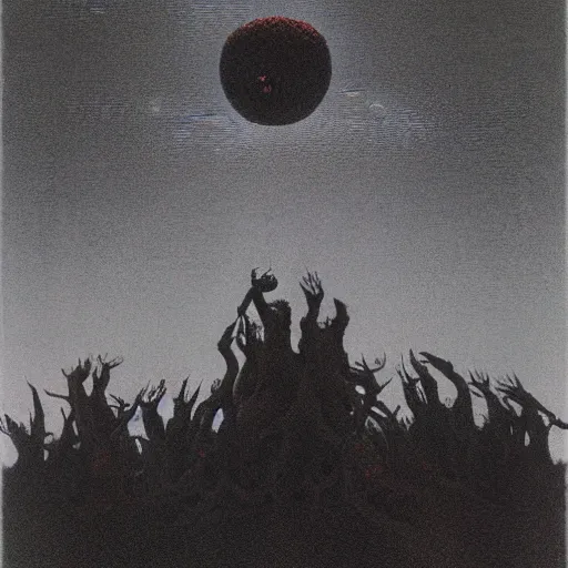 Image similar to crimson devils dancing around a large bonfire, a small moon is in the sky, by Zdzisław Beksiński