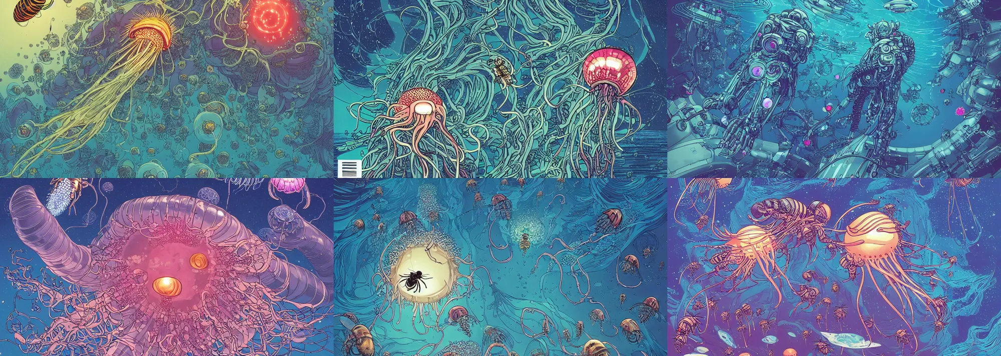 Prompt: a beautiful ultradetailed comic cover art of dozens of cybernetic glowing bee balm cyborg jellyfish rising from an ocean of nanotech beneath a hubble sky at night, rippling magic, by Laurie Greasley and Quentine Mabilles and Xsullo