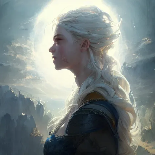 Prompt: a portrait of a beautiful hopeful lady with pretty eyes, beautiful eyes, looking up onto the sky, light smiling, art of wlop and greg rutkowski, intricate, high details, epic fantasy art, bright light masterpiece, ray of light through white hair