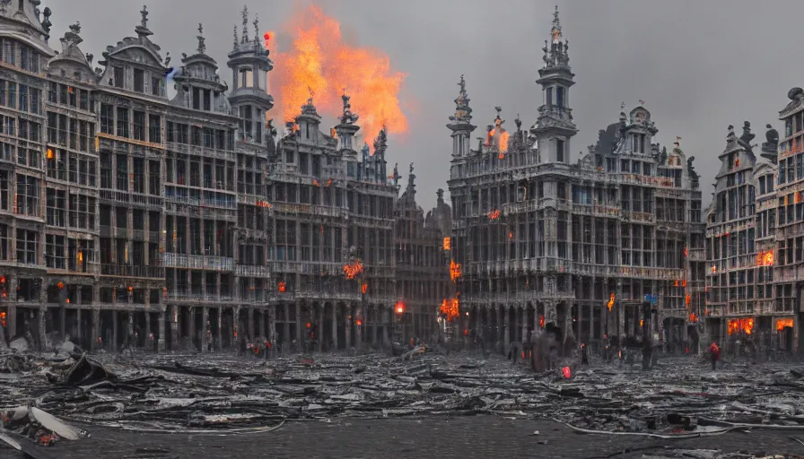 Image similar to destroyed grand place, brussels with fire and debris, grey sky, hyperdetailed, artstation, cgsociety, 8 k