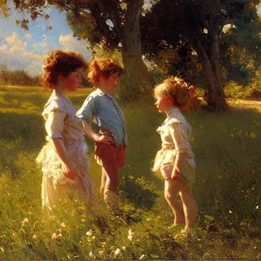 Prompt: detailed wide shot of children playing in the field, spring light, painting by gaston bussiere, craig mullins, j. c. leyendecker