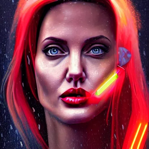 Prompt: a digital painting of angelina jolie in the rain with red and blonde hair, cute - fine - face, pretty face, cyberpunk art by sim sa - jeong, cgsociety, synchromism, detailed painting, glowing neon, digital illustration, perfect face, extremely fine details, realistic shaded lighting, dynamic colorful background