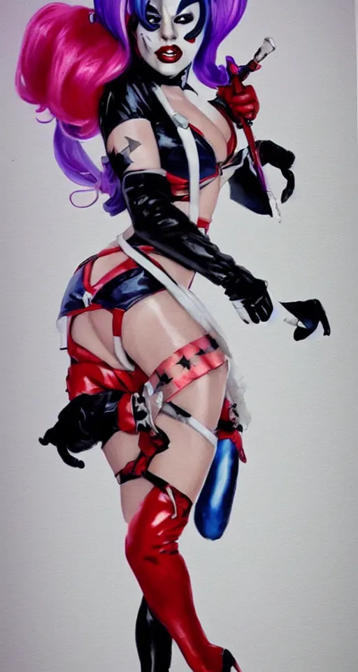 Image similar to lady gaga as harley quinn in a pin - up pose by artgerm, robert edward mcginnis, concept art, full body