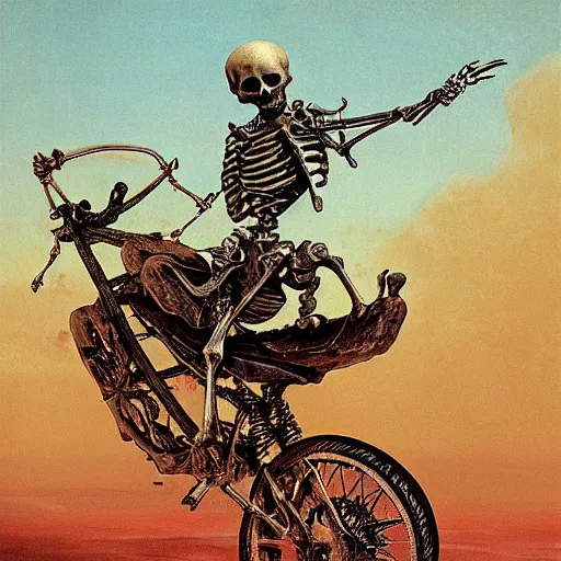 Image similar to Skeleton riding a motocycle with fire behind made by Zdzislaw Beksinski