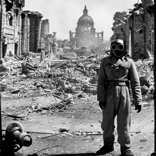 Image similar to apocalyptic disney characters wearing gas masks, war zone destroyed roman buildings in the background landscape , 1940s film photography