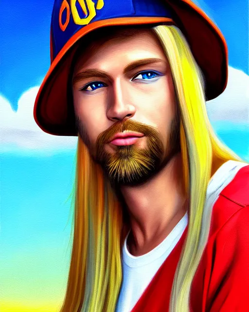 Image similar to colorful painting of a man with long blond hair with a baseball cap with a propeller on top, matte painting, trending on art station, ultra - detailed, hq