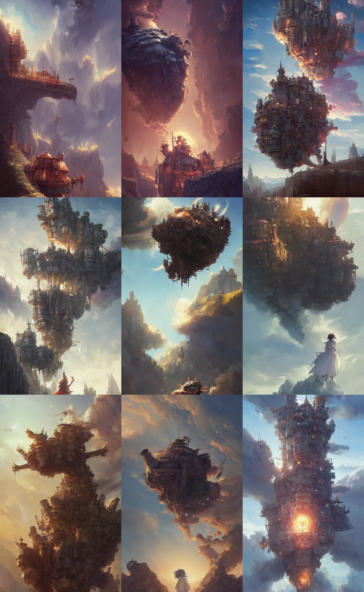 Prompt: howl moving castle, highly detailed, digital painting, artstation, concept art, sharp focus, illustration, orientalism, art by aleksi briclot and greg rutkowski and raphael lacoste and magali villeneuve