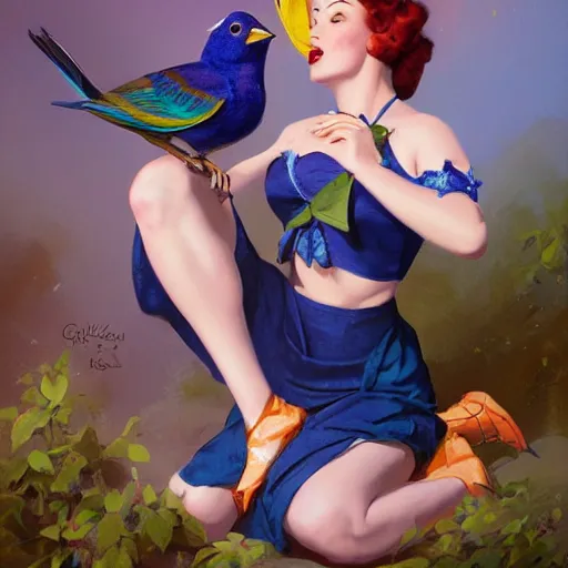 Image similar to pinup girl holding an indigo bunting, bird, the bird is wearing a crown and bowtie by greg rutkowski, rossdraws, gil elvgren, enoch bolles, anime, very coherent