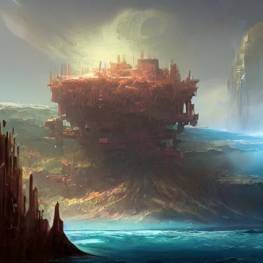 Image similar to a rust - colored terraforming tower jutting out of a vast ocean, sci fi concept art by tyler edlin, antoine blanchard, thomas cole