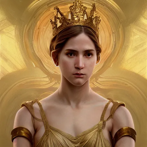 Prompt: portrait of Ava from Ex Machina as a greek goddess, marble statue, greek mythology, gold crown and filaments, intricate, headshot, highly detailed, digital painting, artstation, concept art, sharp focus, cinematic lighting, illustration, art by artgerm and greg rutkowski, alphonse mucha, cgsociety