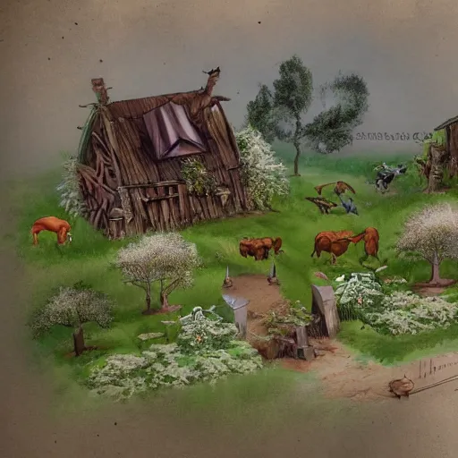 Prompt: concept art of a fantasy farm, wlop style