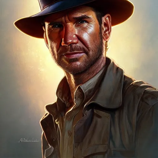 Prompt: portrait of indiana jones, intricate, headshot, highly detailed, digital painting, artstation, concept art, sharp focus, cinematic lighting, illustration, art by artgerm and greg rutkowski, alphonse mucha, cgsociety,