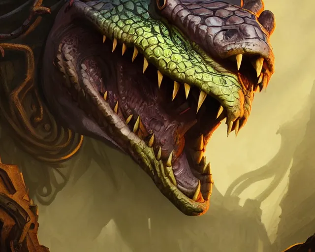 Image similar to forsaken crocodile god, cinematographic shot, deep focus, d & d, fantasy, intricate, elegant, highly detailed, digital painting, artstation, concept art, matte, sharp focus, illustration, hearthstone, magic the gathering, art by wesley burt and karla ortiz and alphonse mucha