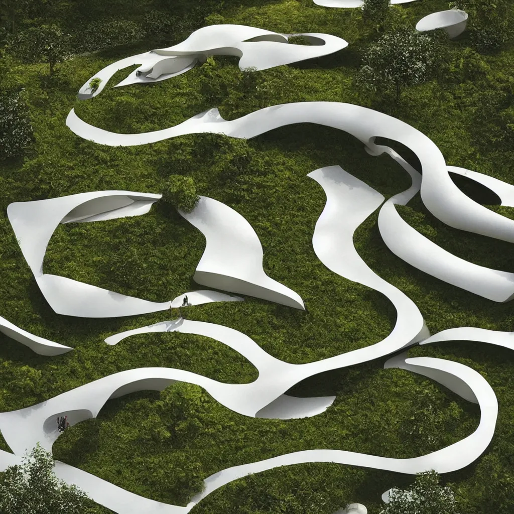 Image similar to “ an incredibly smooth curvilinear architectural immersive physical sculpture, unfolding continuous golden surfaces enclose a visually satisfying garden designed by zaha hadid, architecture render ”