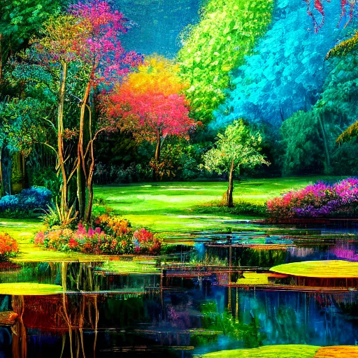 Prompt: beautiful pond with reflections of trees colorful magical realism detailed painting 4 k