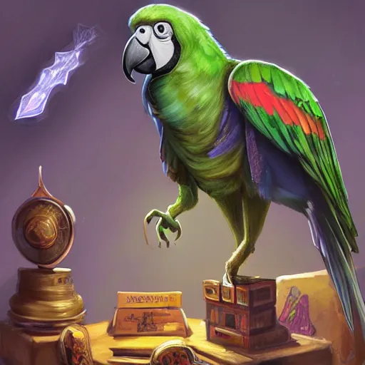 Image similar to Magic the gathering artwork of Anthropomorphized parrot trader in his shop, shelves full, selling a gem, portrait, items, magic potions, carpet, window, fancy funny hat, sly expression , cunning expression, cute expression, presenting magic gem, D&D, fantasy, cinematic lighting, highly detailed, digital painting, artstation, concept art, smooth, sharp focus, illustration, warm light, cozy warm tint, magic the gathering artwork, volumetric lighting, 8k, no gold, no gold colours, art by Akihiko Yoshida and Greg Rutkowski