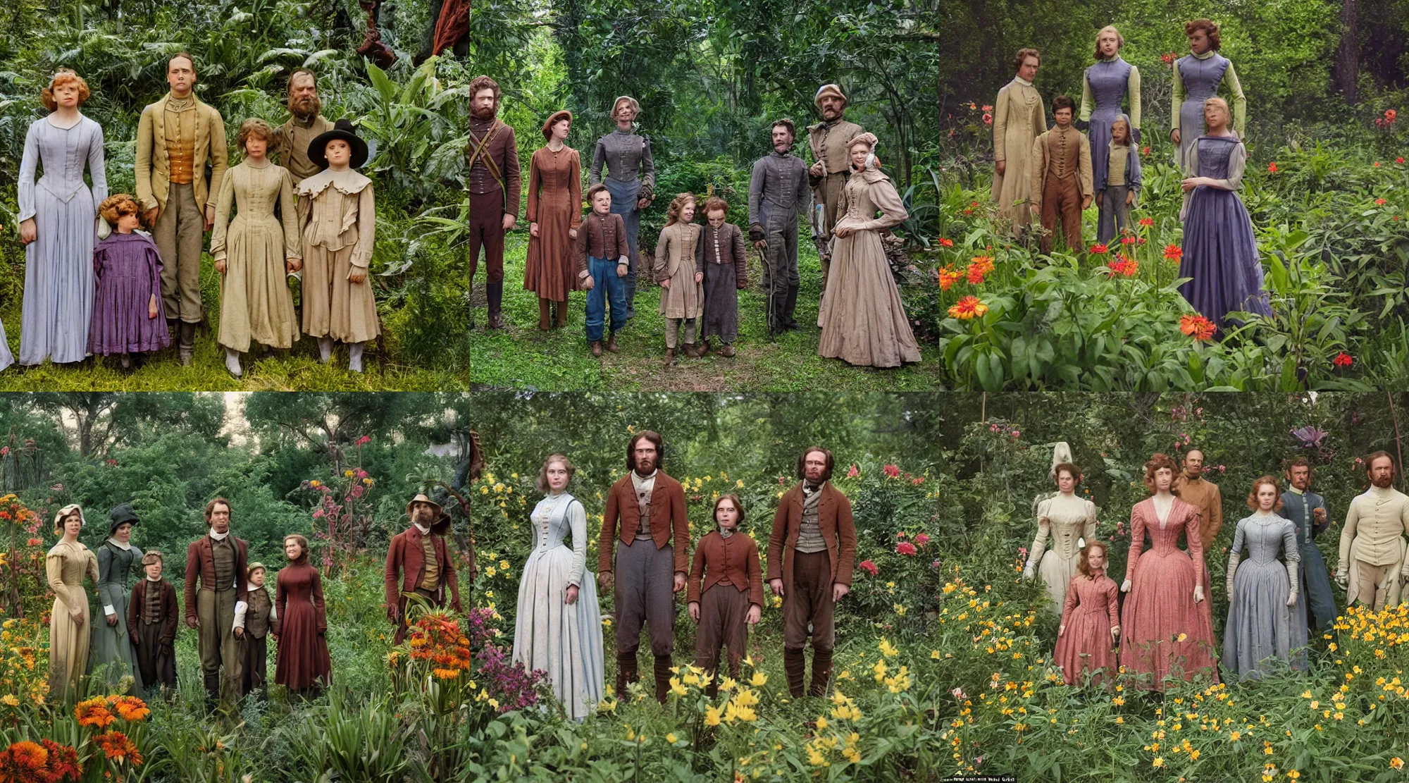 Prompt: 70mm film still from a sci fi blockbuster color movie made in 2019, set in 1860, of a family standing in a park, next to some alien plants and flowers, the family are all wearing 1850s era clothes, good lighting, good photography