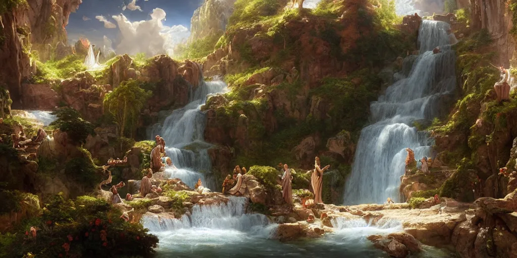 Image similar to creation of the world and heaven with a river of the water of life, clear as crystal, flowing from the throne of god and of the lamb by daniel f. gerhartz and matt stewart and thomas cole, fantasy, photorealistic, octane render, unreal engine, dynamic lighting