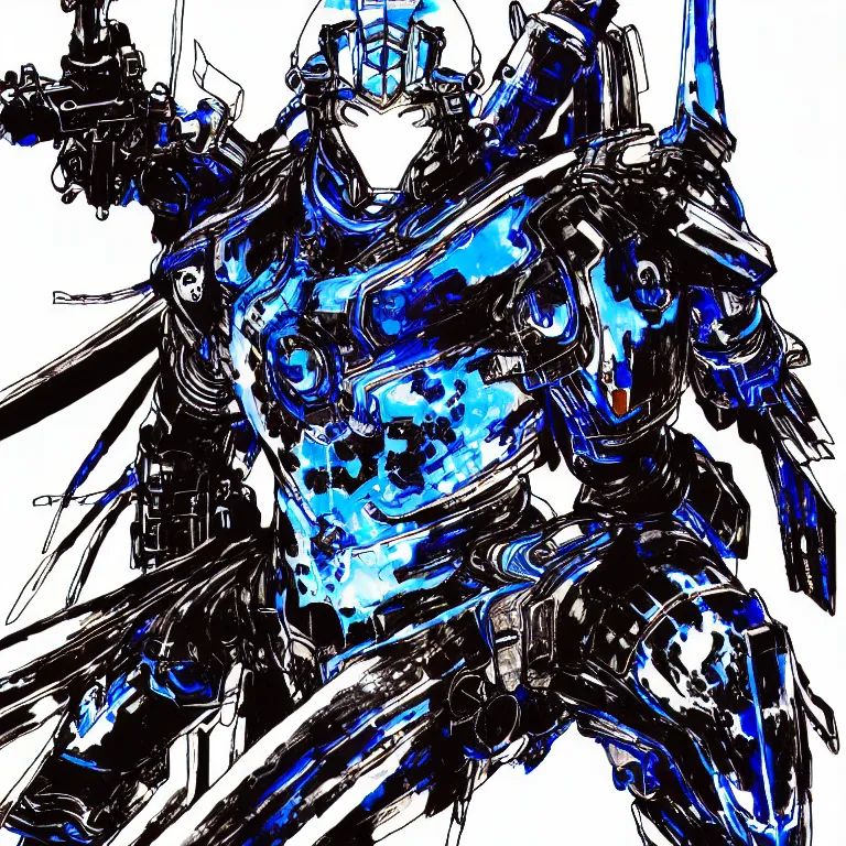 Image similar to a drawing of a lone cybernatic samurai, blue armor, fire and water, by yoji shinkawa and tsutomu nihei, detailed art, highly detailed, trending on artstation