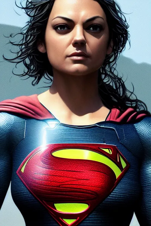 Image similar to a fancy close up of Man of Steel cast as Mila Kunis by Greg Rutkowski, Sung Choi, Mitchell Mohrhauser, Maciej Kuciara, Johnson Ting, Maxim Verehin, Peter Konig, 8k photorealistic, cinematic lighting, HD, high details, dramatic, trending on artstation, full body shot