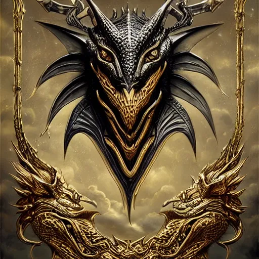 Prompt: emblem of black dragon on a gold metallic dragon emblem, by artgerm, tom bagshaw, gerald brom, moody vibe, goth vibe, gold, 4 k, hd,