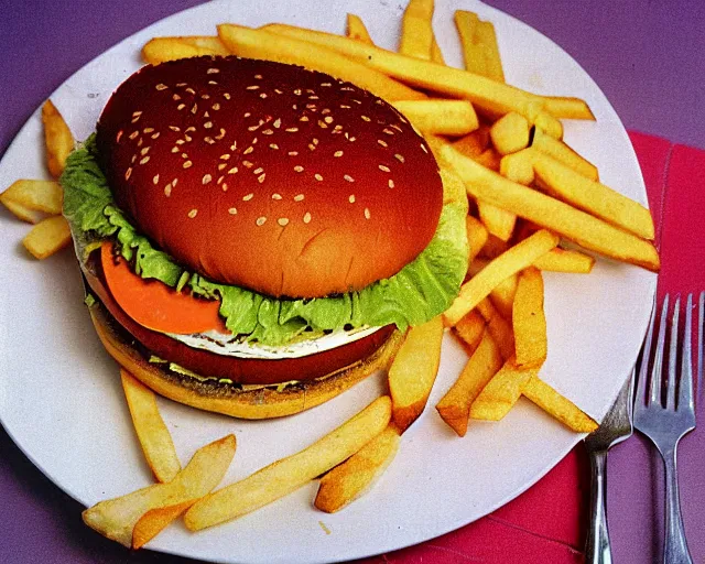 Prompt: 1970's cookbook color photograph of a big Mac with side of fries sharp detail high detail