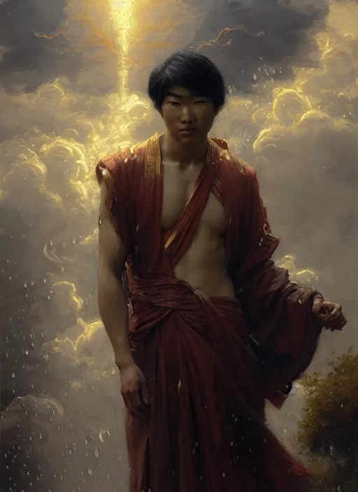 Prompt: young asian man, god of rain, flowing robes, powerful, smug expression, highly detailed painting by gaston bussiere, craig mullins, j. c. leyendecker 8 k, sparkling storm clouds