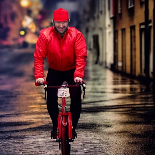 Prompt: a delivery guy wearing red jacket cycling at night in uni colored street, rainy weather, 4 k, realistic, trending on artstation