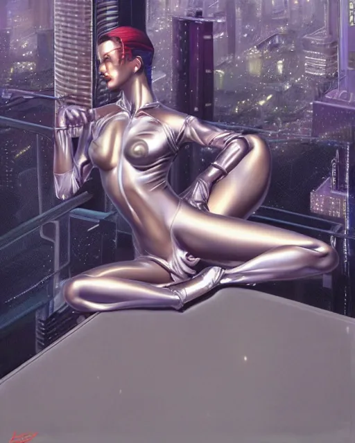 Image similar to a picture of a woman sitting on a ledge, cyberpunk art by hajime sorayama, cgsociety, figurative art, airbrush art, made of liquid metal, synthwave