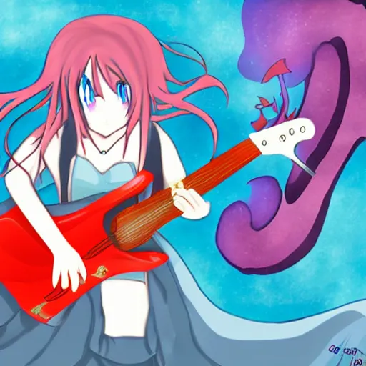 Prompt: girl,dragon, guitar, anime
